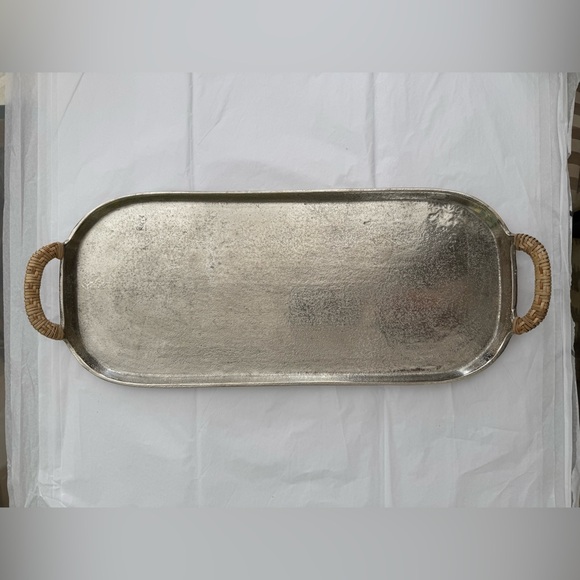 Other - Zodax Raw Aluminum Silver Tray with Cane Wrapped Handles